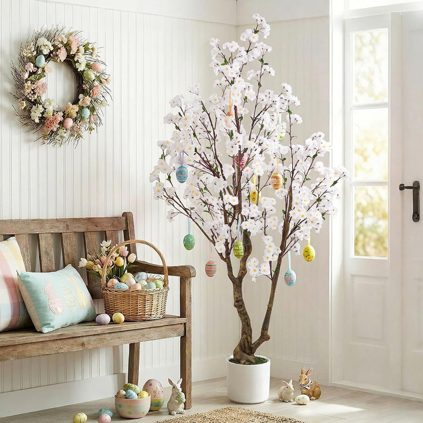 Artificial Cherry Blossom Tree, 7FT Tall Artificial Tree with White Pot, White Fake Sakura Flower Tree, Faux Silk Plants for Home, Living Room, Wedding, Garden, Balcony, Hotel Decoration