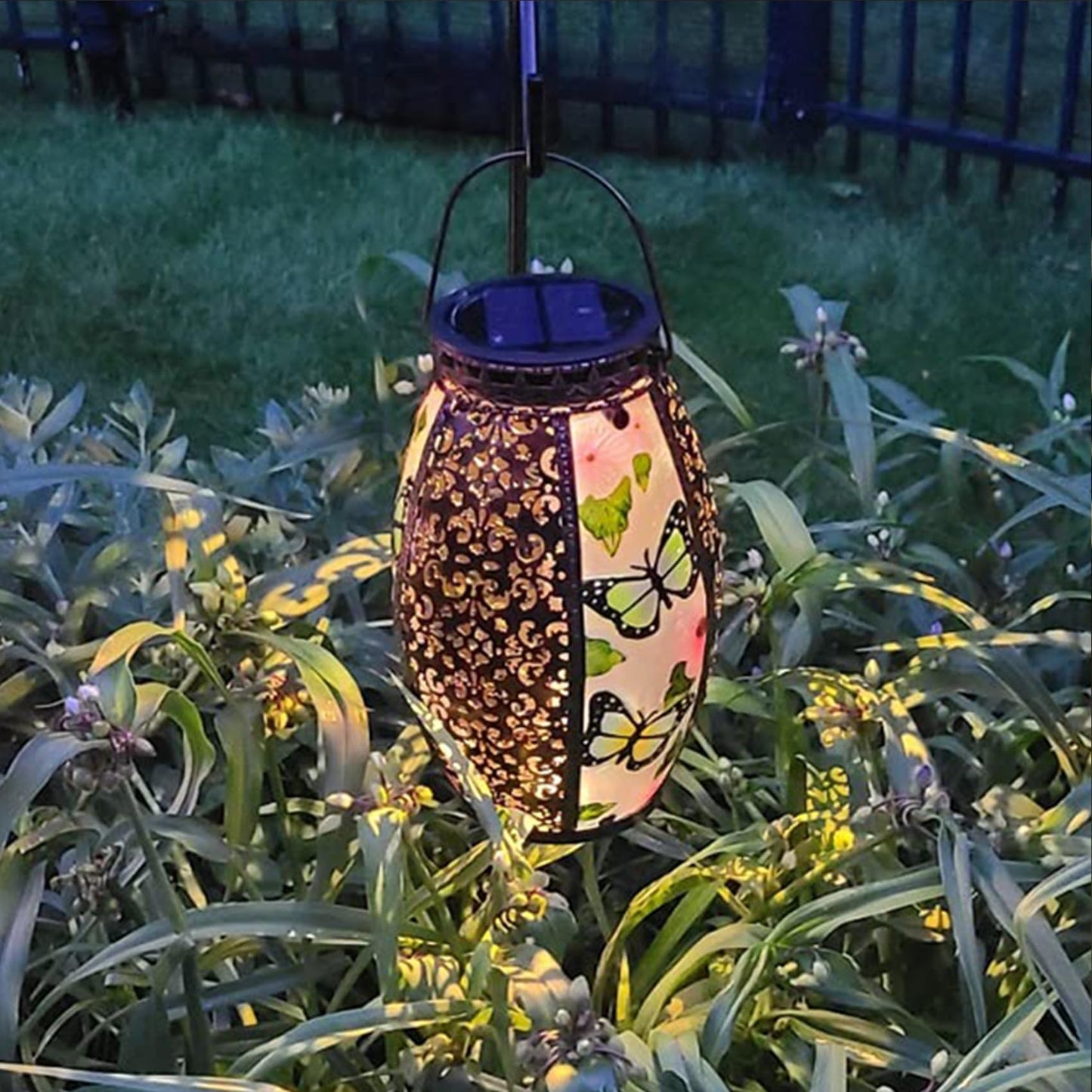 TEYIGARDEN Butterfly Solar Lanterns Glass & Metal Hanging Lantern Outdoor Waterproof 16" H Tabletop Light with Hollowed-Out Design for Garden Patio Table Decor Mother's Day Gift