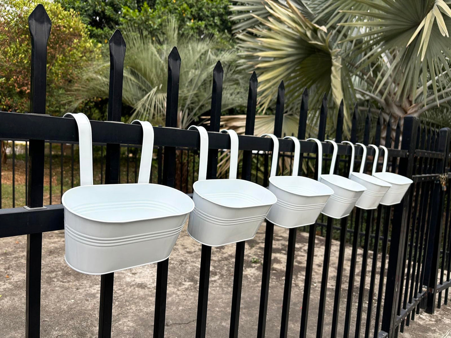 Joyfernal 10" Hanging Flower Pots, Pack of 8 White Metal Outdoor Patio Balcony Planter, Railing Planters Fence Pot with Detachable Hook & Drainage Hole for Small Plants (White, 8Pcs)