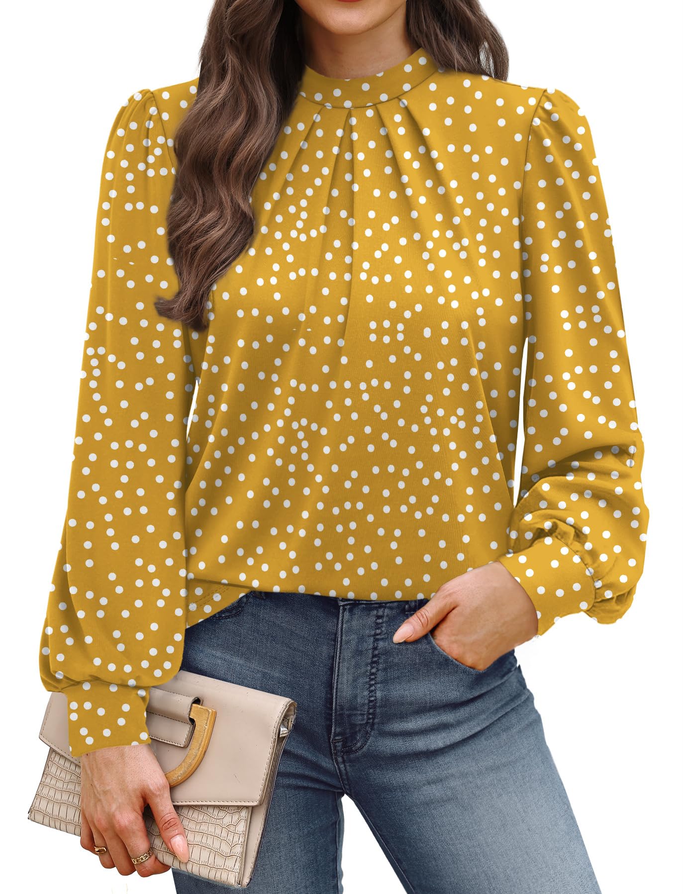 WIHOLL Long Sleeve Shirts for Women Mock Neck Tops Pleated Front Blouses Dressy Casual Fall Clothes 2025 Fashion