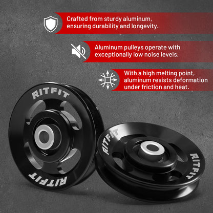 RitFit Aluminum Pulley Wheel for Gym Equipment, 2PCS/ 6PCS Set Power Rack Pulley Attachment, 90mm Aluminum Alloy Bearing Gym Pulley Wheel for Home Gym (Black 6 pcs)