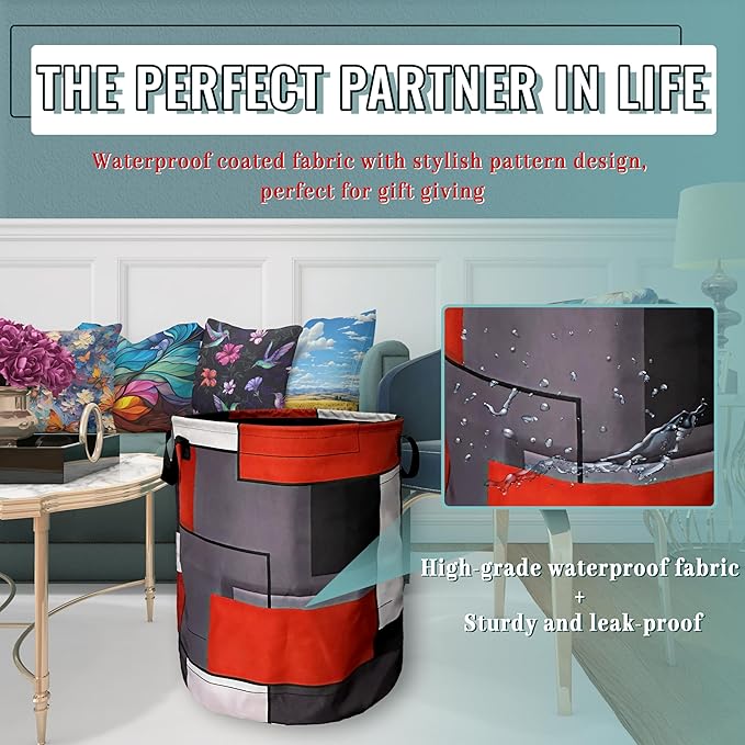 Red Grey Geometry Laundry Basket Foldable