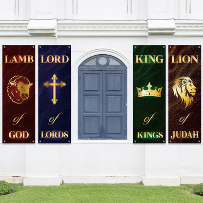 4Pcs Church Banners for Sanctuary Wall Welcome Religious Banners Hanging Backdrop Classic Lion King Lord Lamb Church Banner Scripture Bible Verses Exquisite Banner for Holiday Sunday School Decor