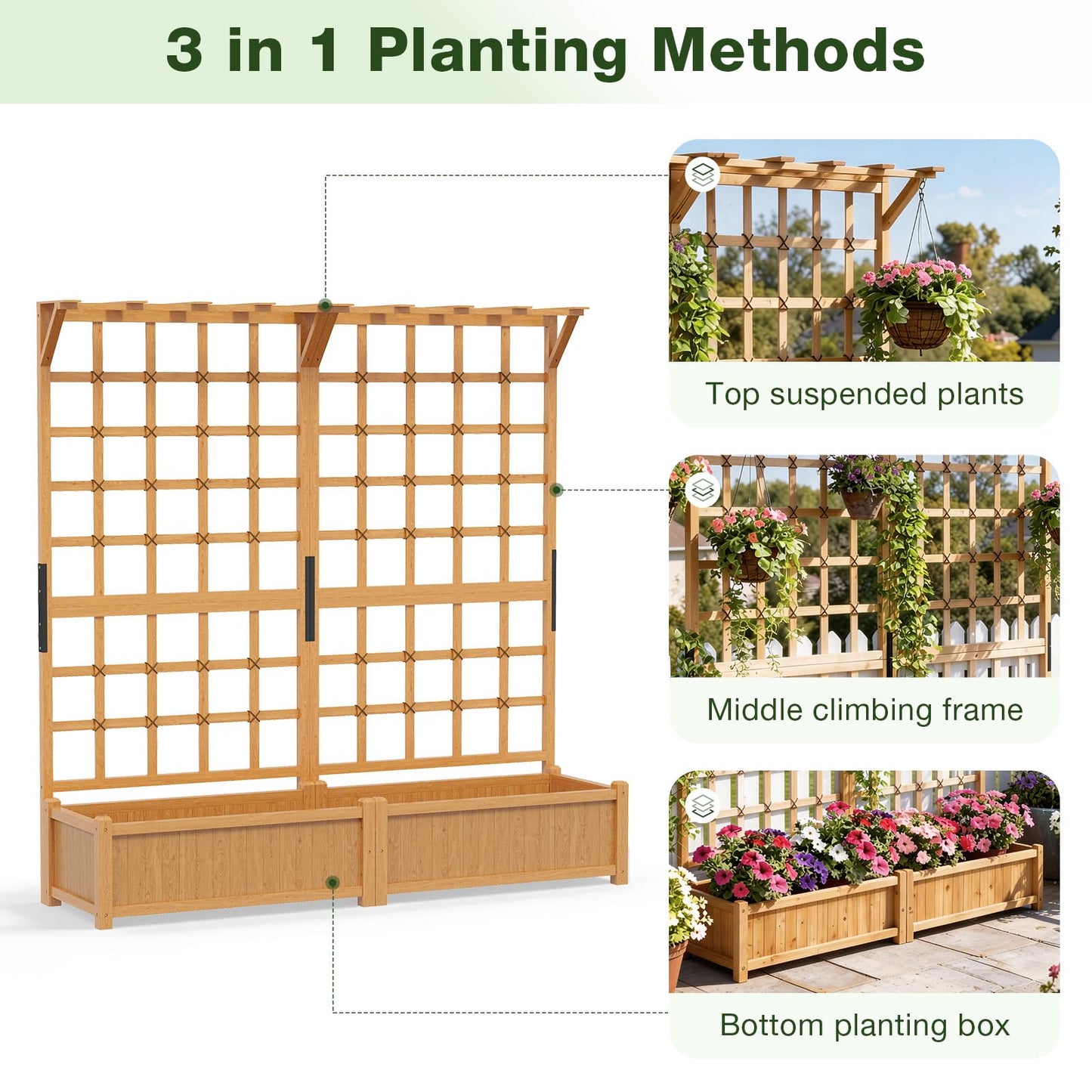 Aoxun 72" Raised Garden Bed with Trellis, Wood Planter Container with Hanging Roof & Garden Boxes for Climbing Plants Flowers Vine (2 piece)