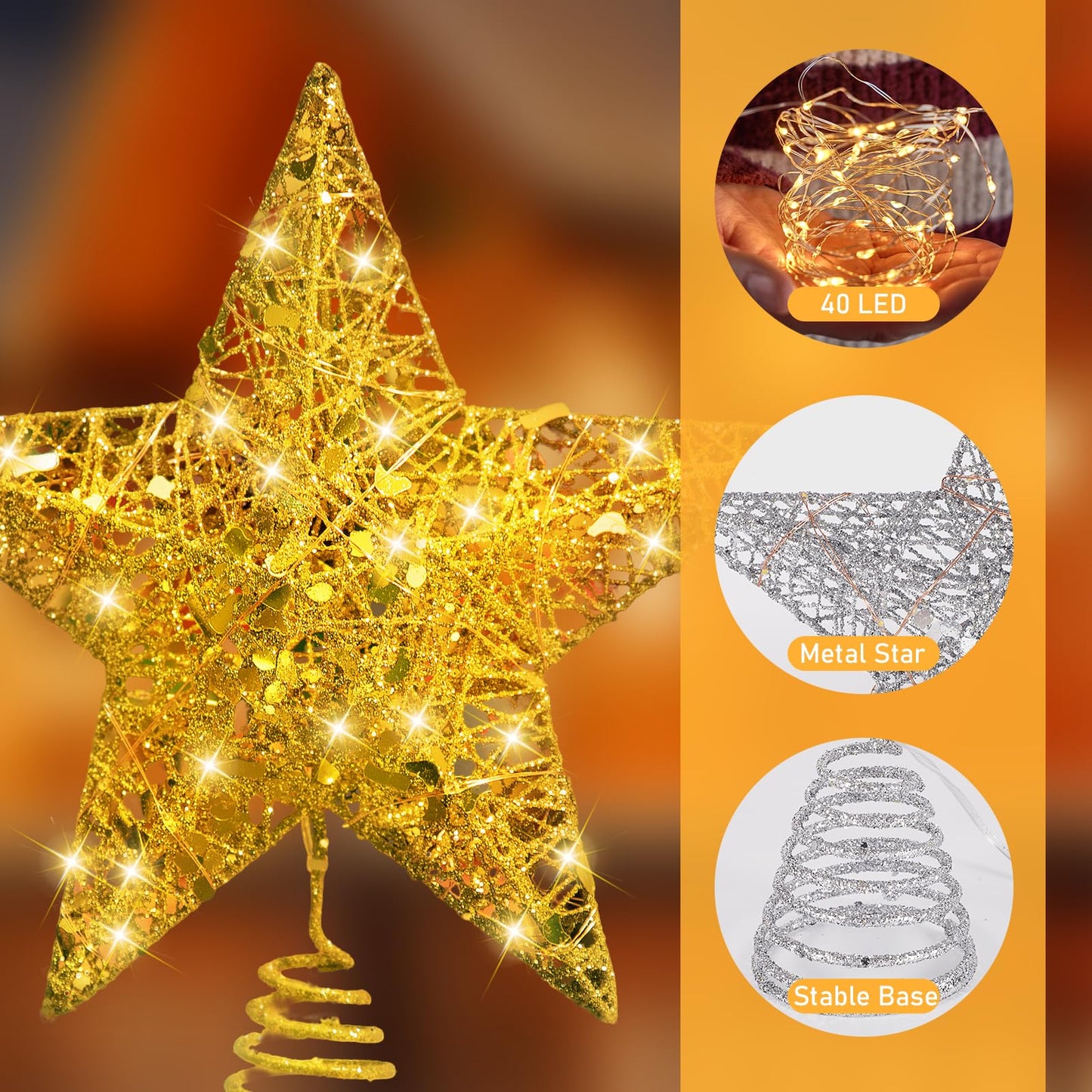 Raxurt Christmas Tree Topper, 40 LED 10 Inches USB Lighted Star Tree Topper with Remote Control for Christmas Tree Decorations, Gold/Large