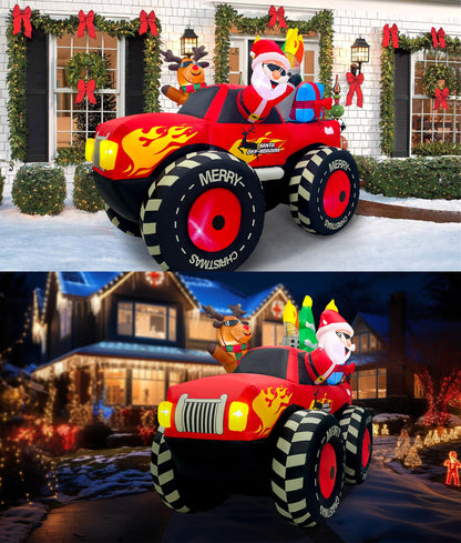 EAONE 7FT Christmas Inflatable Outdoor Decoration, Inflatable Santa Claus & Reindeer on Monster Truck, Blow Up Yard Decorations LED Lighted for Yard, Garden, Lawn, Home Xmas Holiday Decor