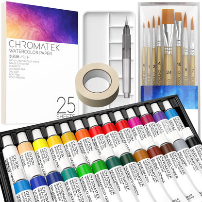 CHROMATEK Watercolor Paint Set - 62 Piece Kit for Adults, Beginner & Professional Artists - 26 Tubes (12ml), 25 Pages Sketch Pad, 8 Painting Brushes, Aquapen, Palette, Masking Tape - Art Supplies