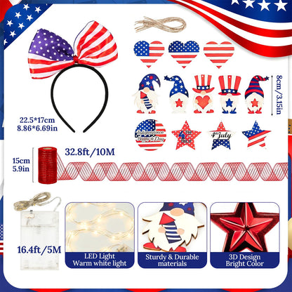 4th of July Christmas Tree Decorations Set with LED Light - Patriotic Red White and Blue Hanging Ornaments, Star Garland & Wreath Bow Tree Topper for Independence National Memorial Day Party