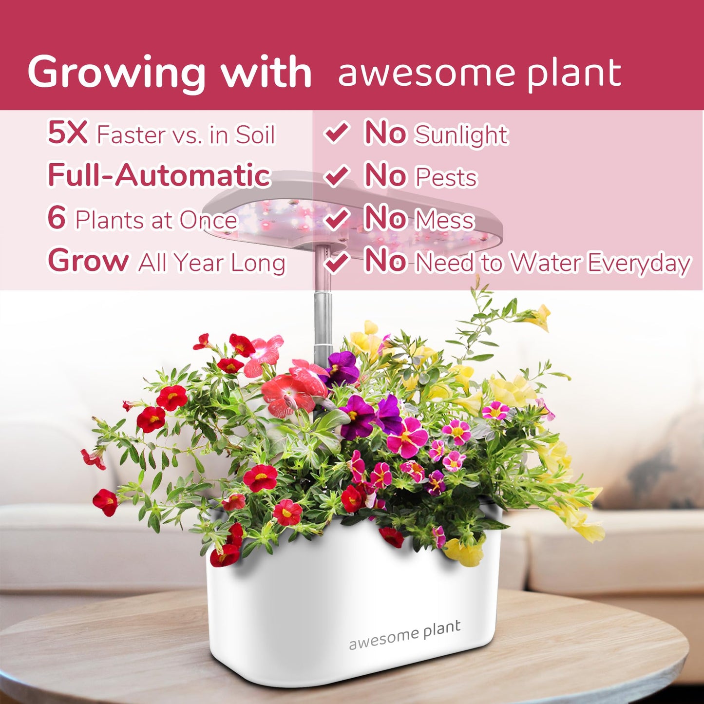 Awesome Plant 6Pro Hydroponics Growing System Kit (6 Pods), Indoor Garden Kit with 3L Watertank, 3 Grow Modes and Quiet Pump, Grow Herbs Lettuce Salad at Home Kit, Adjustable Height Up to 13", White