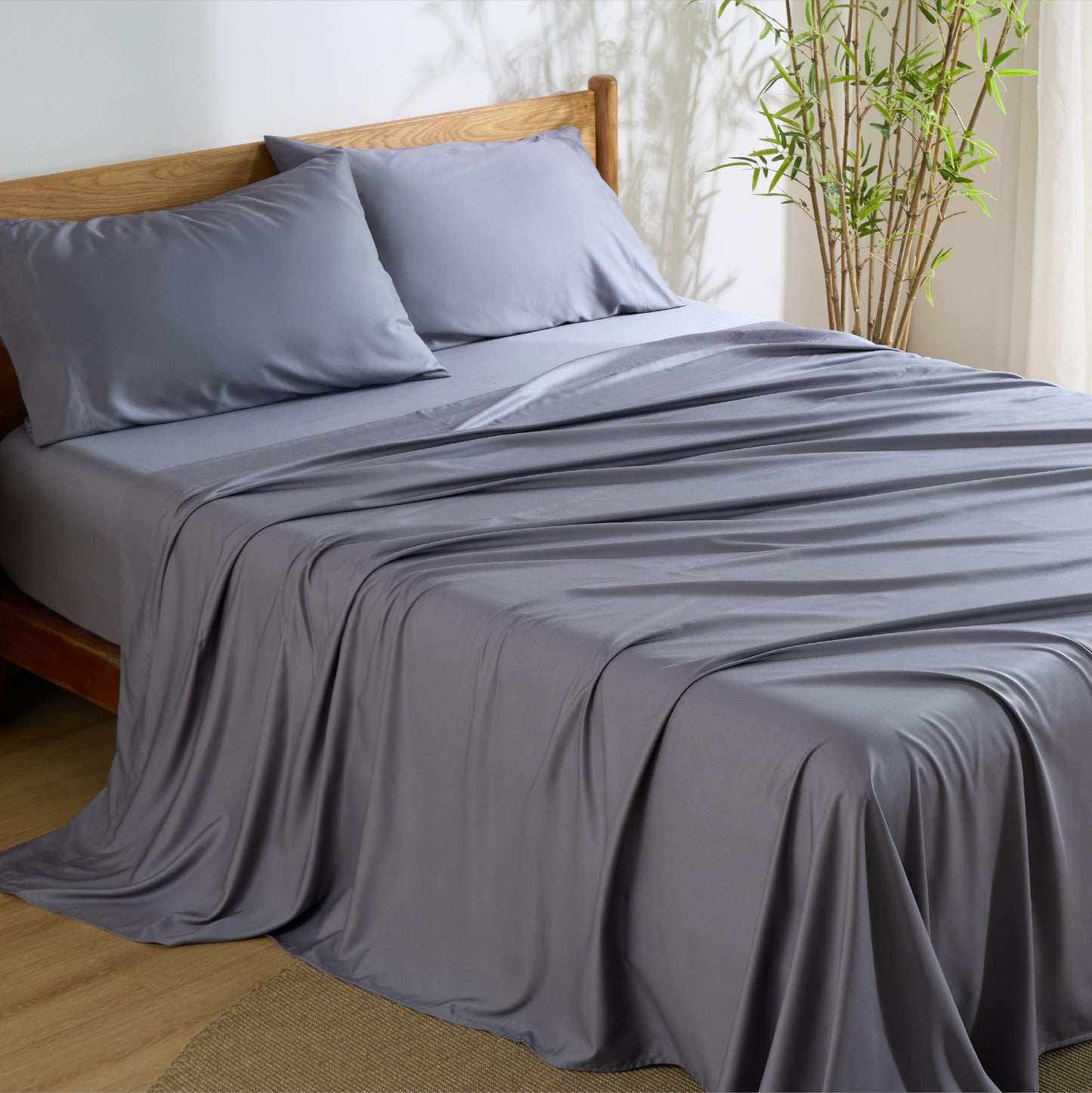 Bedsure Queen Sheet Set, Cooling Sheets for Queen Size Bed Set, Rayon Derived from Bamboo, PureWoven, Breathable & Soft, Deep Pocket Up to 16", Hotel Luxury Silky Bedding for Hot Sleepers, Dark Grey