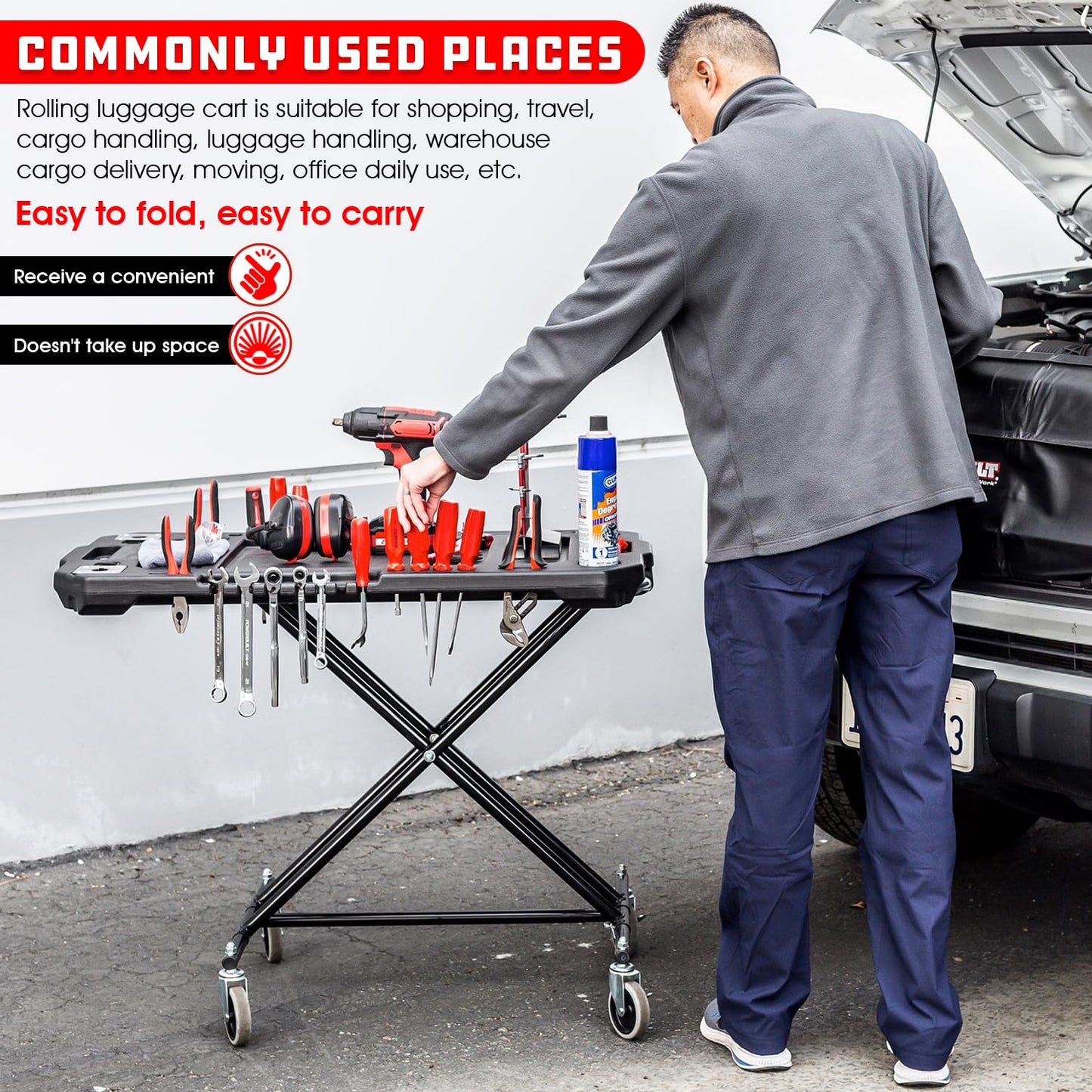 Powerbuilt Adjustable Work Table with Tool Holders and Convertible Dolly Function, Multi-Use, Home, Garage, Worksite - 642928ECE, Black