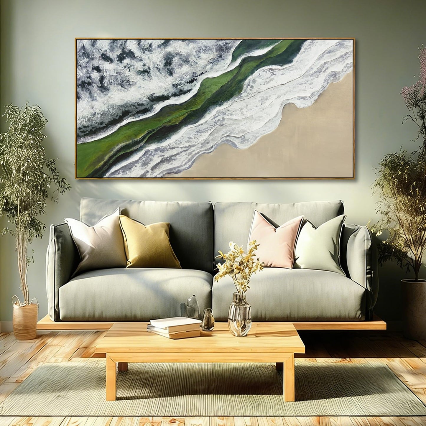 Sage Green Wall Art Abstract White Green Beach Wave Wall Decor Framed Canvas Prints Posters Pictures Artwork 24"x48" Ready to Hang