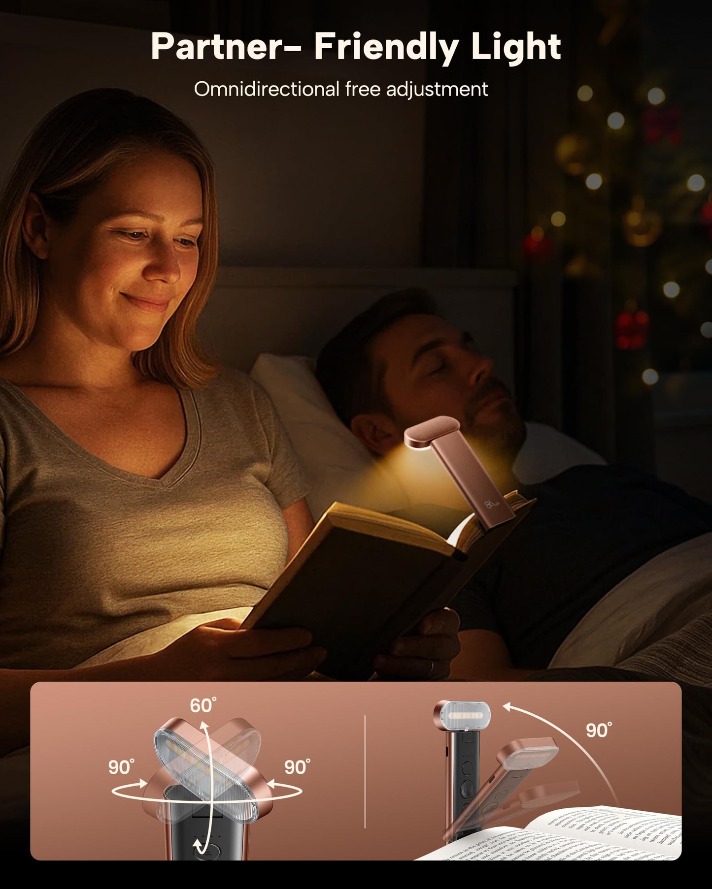 86lux Book Light, Reading Light for Book in Bed, USB Rechargeable LED Night Light with 3 Colors & Stepless Dimming, Aluminum Alloy Bookmark Light for Book Lovers, Rose Gold
