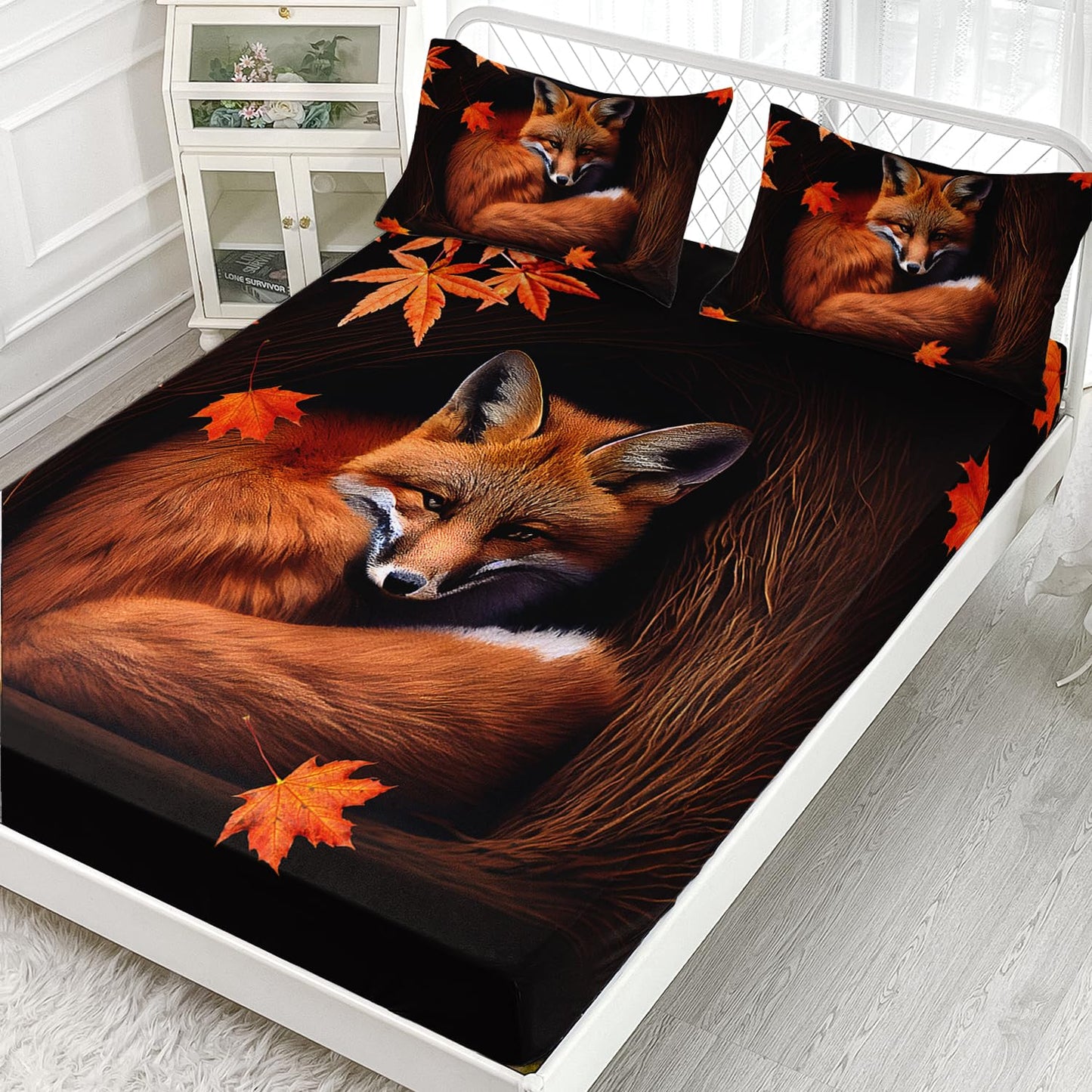AILONEN Fox Fitted Sheet Set Twin XL Size, Autumn Maple Leaves Orange Animal Bed Sheet Set,Cartoon Fox Sheets Set for Kids Boys Girls,3 Pieces, 1 Fitted Sheet and 2 Pillowcases
