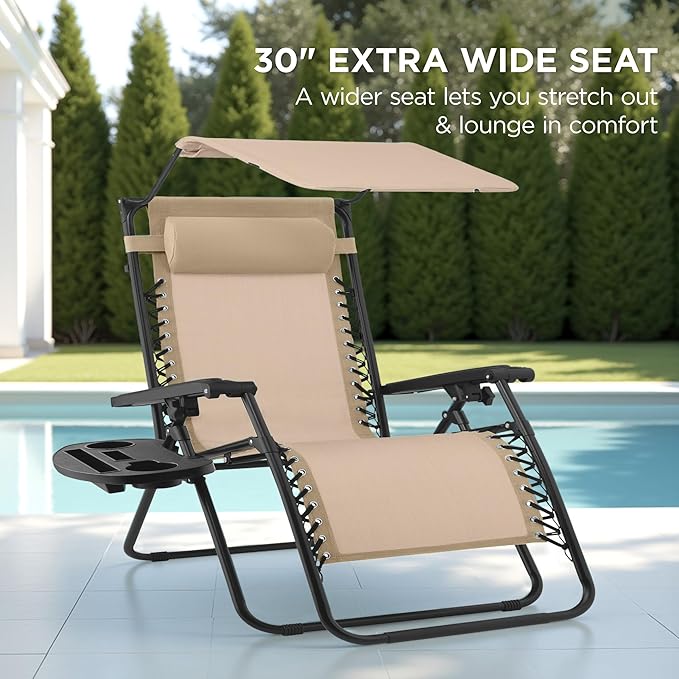 Best Choice Products 30” Wide Folding Zero Gravity Outdoor Recliner Patio Lounge Chair w/Adjustable Canopy Shade, Headrest, Side Accessory Tray - Beige