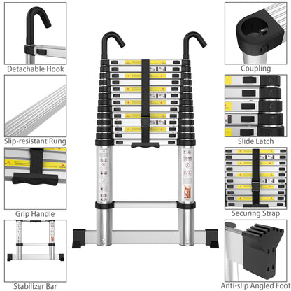 Telescopic Ladder 3.2M/10.5FT Aluminium Extension Loft Ladder with Stabilizer Bar and Detachable Hooks, Multi Purpose Extendable Portable Folding Ladders, 11 Steps, EN131