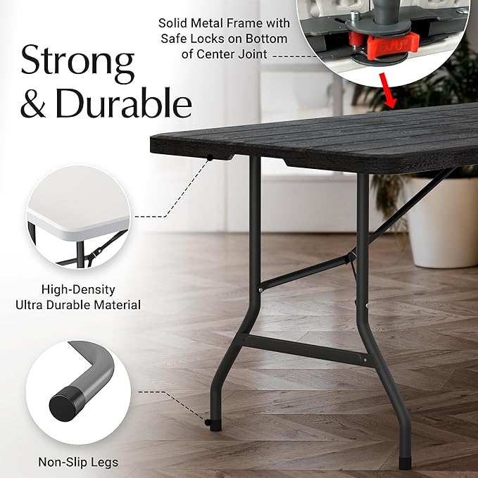 6 Feet Foldable Table with Built in Handle & Steel Legs | 6FT Heavy Duty