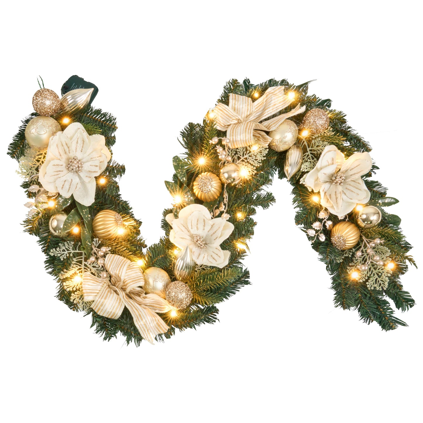 6ft White and Gold Christmas Garland with 25 LED Lights with Timer, prelit champgn Gold Garland with Magnolia and Plenty Ornament,Festive Lighted Decor for Front Door, Mantel, Stair & Fireplace