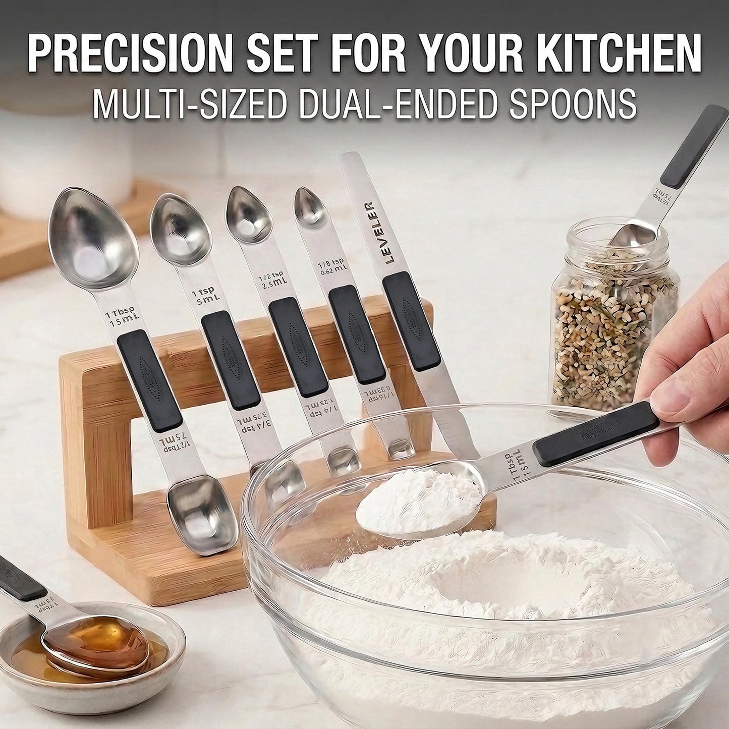 Mafier Magnetic Measuring Spoons,Stainless Steel Dual Sided Tablespoons,Extra Long Handle for Deep Jars,Heart-Shaped&Square Heads that More Easier to Excavate,Laser Markings,Non-Slip Grip(set of 5)