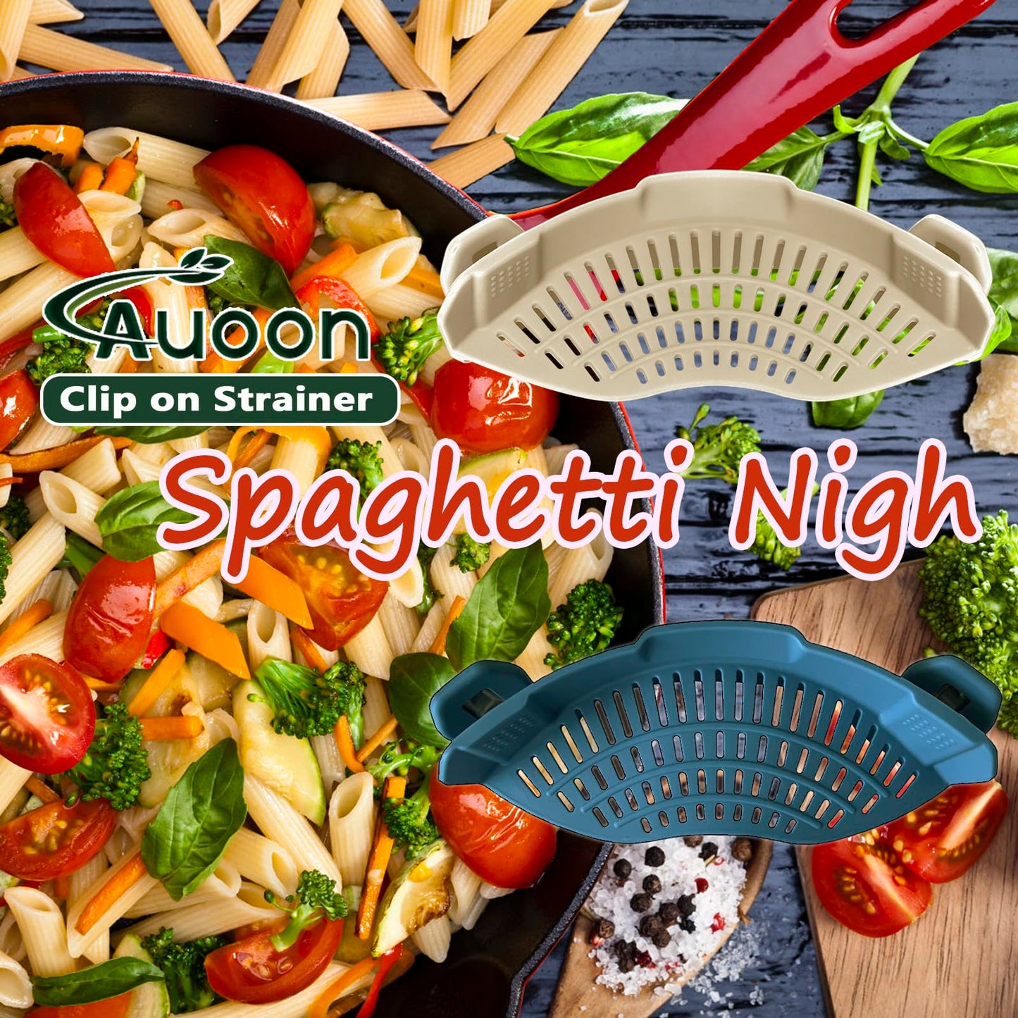 AUOON Clip On Strainer Silicone for All Pots and Pans, Pasta Strainer Clip on Food Strainer for Meat Vegetables Fruit Silicone Kitchen Colander