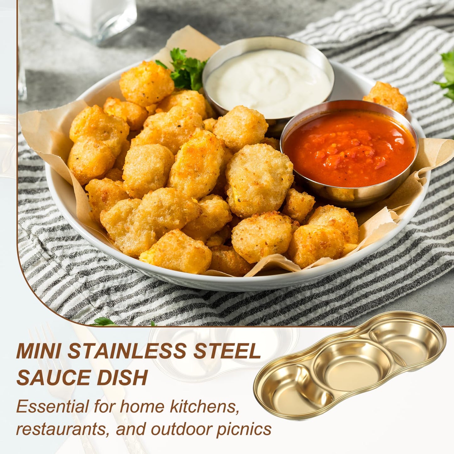 uxcell 3 Inch Mini Stainless Steel Sauce Dish, 2 Pcs Round Seasoning Bowls Appetizer Plates Condiment Bowl for Salad Side Dishes Sushi Dipping Ketchup, Gold 3-Compartment