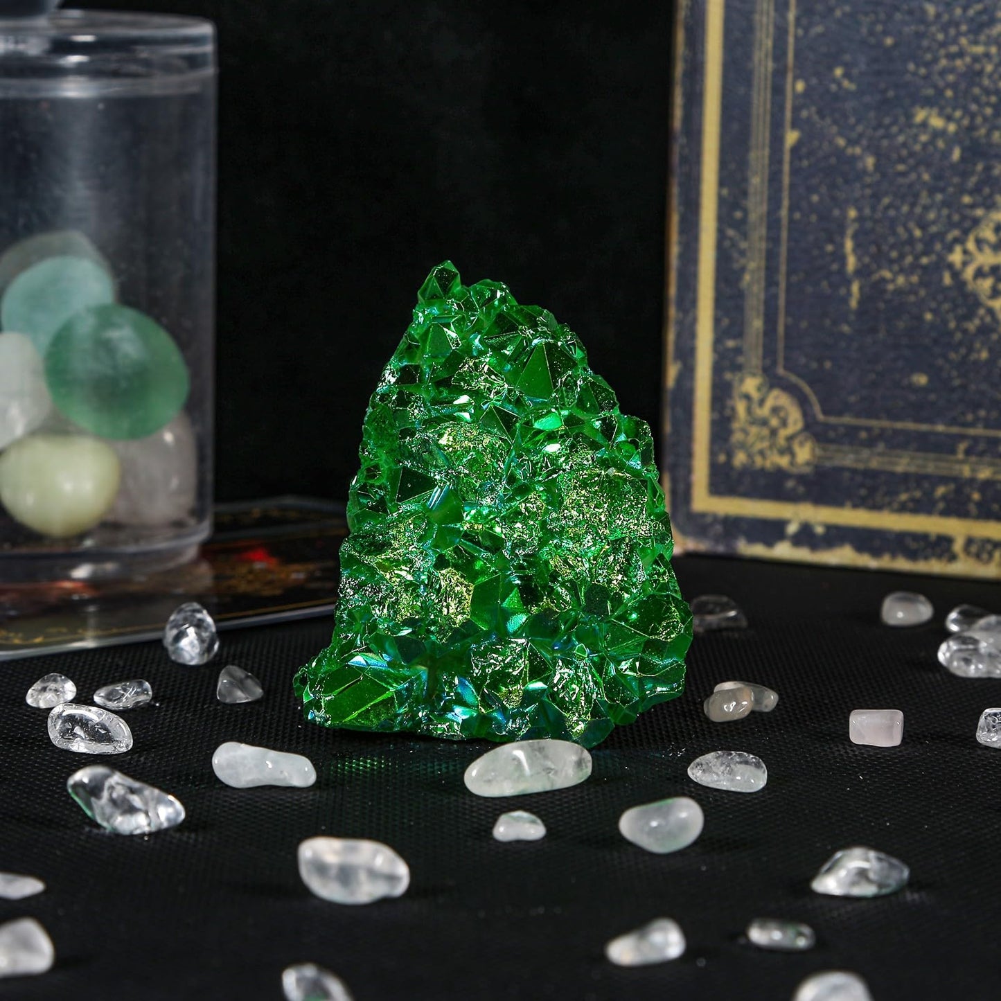 SUNYIK Green AB Titanium Coated Rock Quartz Cluster Irregular Crystal Geode Stone Specimen Decor for Home Office Meditation, 2.1-4.1"