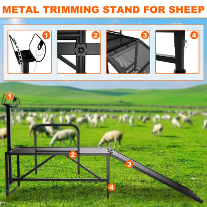 ZUIWAN Heavy Duty Sheep Trimming Stand with Ramp - Adjustable Livestock Grooming & Milking Stand for Goat, Sheep Shearing and Milking Frame