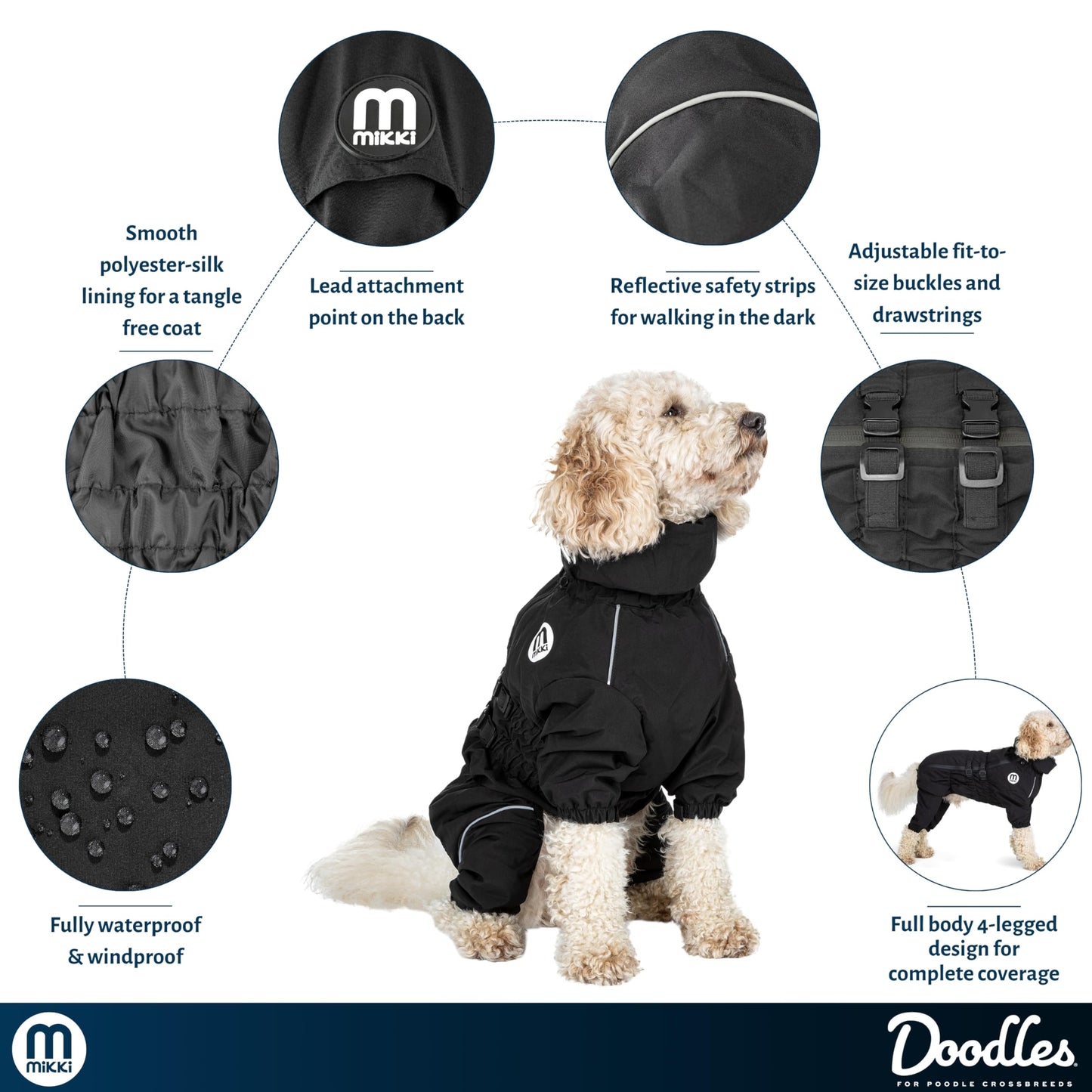 Mikki Doodles Dog Raincoat, Waterproof, Windproof, Silky Lining, Less Friction Means Less Knots & Tangles, Size Large c
