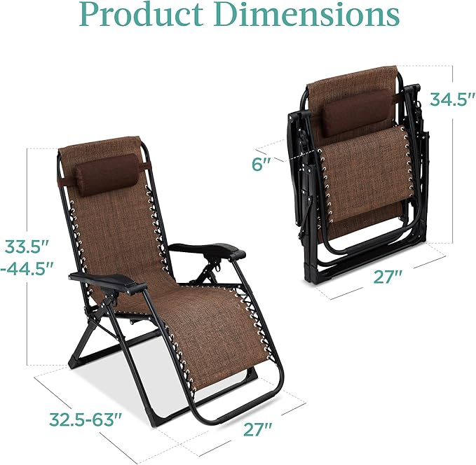 Best Choice Products Oversized Zero Gravity Chair, Folding Outdoor Patio Recliner, XL Anti Gravity Lounger w/Removable Cushion, Cup Holder, Side Tray, 350lb Capacity - Woodland Brown