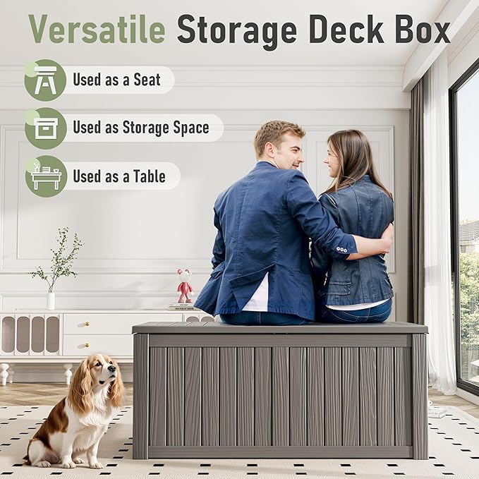 Outdoor Storage Box, Resin Deck Boxes Indoor and outdoor, Waterproof Storage Box Lockable Lid (Grey, 180 Gallon)