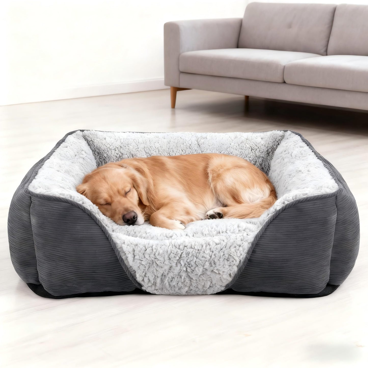 JOEJOY Extra Large Dog Sofa Bed, Waterproof Lamb Fleece PP Cotton XL Dog Bed With Nonskid Bottom, Washable Grey Dog Bed For Large Labrador, German Shepherd, 89x64x23cm