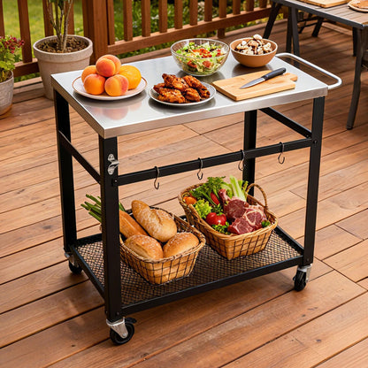 KEIKI 2-Tier Outdoor Grill Cart Table with 4 Wheels, Tool Hooks, Mesh Shelf, Movable BBQ Cooking Prep Table, Pizza Oven Table, Serving Bar Cart for Backyard, Indoor, Outside, Kitchen, Stainless Steel