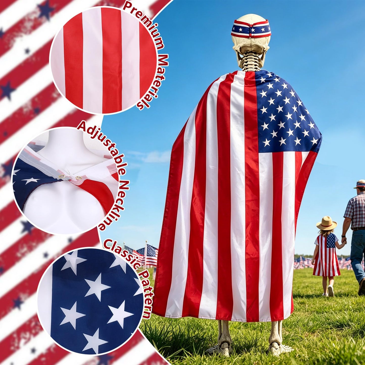 DECYOOL 4th of July 12ft Skeleton Cloth Set USA Flag Costume Patriotic Skeleton Outfits Accessories Cape Headband Balloon Scarf Flag Banner for Garden Lawn Patio Independence Day Decor