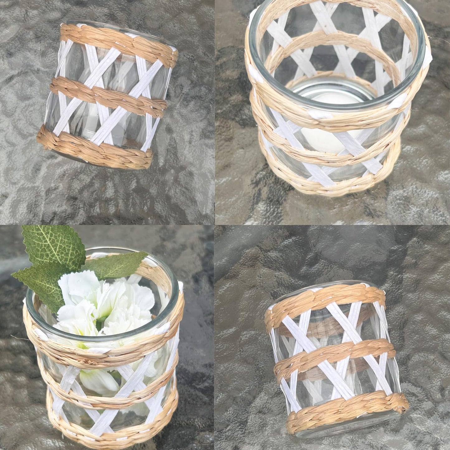 Pack 4 White Woven Rattan Tealight Candle Holders Candle Lantern - Coastal Tropical Glass Tea Light Holder Hurricane, Natural Seagrass Boho Hand Woven Votive Candle Holder
