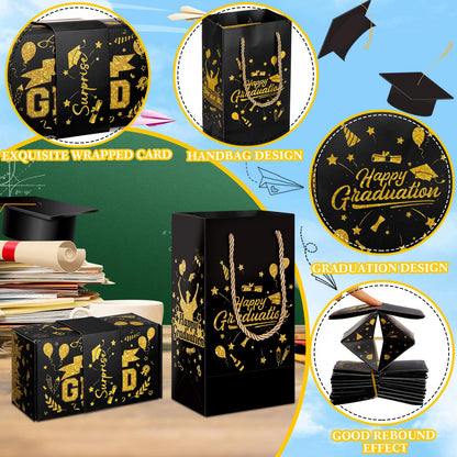 Tenceur 14 Pcs 2026 Graduation Explosion Gift Boxes 12 Bounces Exploding Money Box DIY Congrats Grad Folding Bouncing Gift Box Money Cash Explosion Gift Box for Grad College Party Favors(Black Gold)