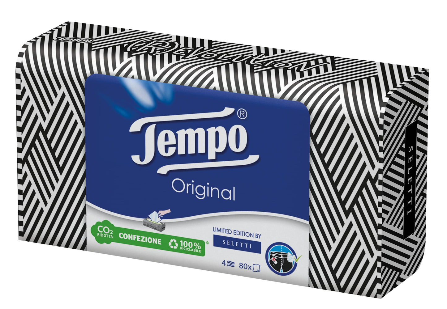 Tempo Paper Tissues Box, 3 Boxes of 80 Disposable Tissues, 4-Ply, Limited Edition Seletti Box, 4 Assorted Graphics, Recyclable Pack of Natural Origin