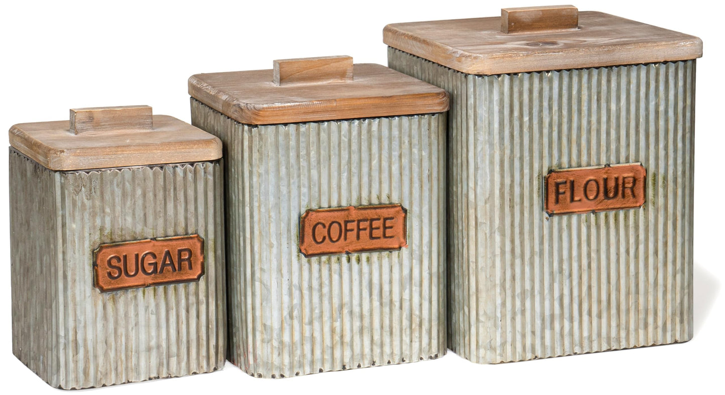 Red Co. Set of 3 Pre-Labeled Sugar, Coffee & Flour Distressed Metal Storage Canister Jars with Wooden Lids