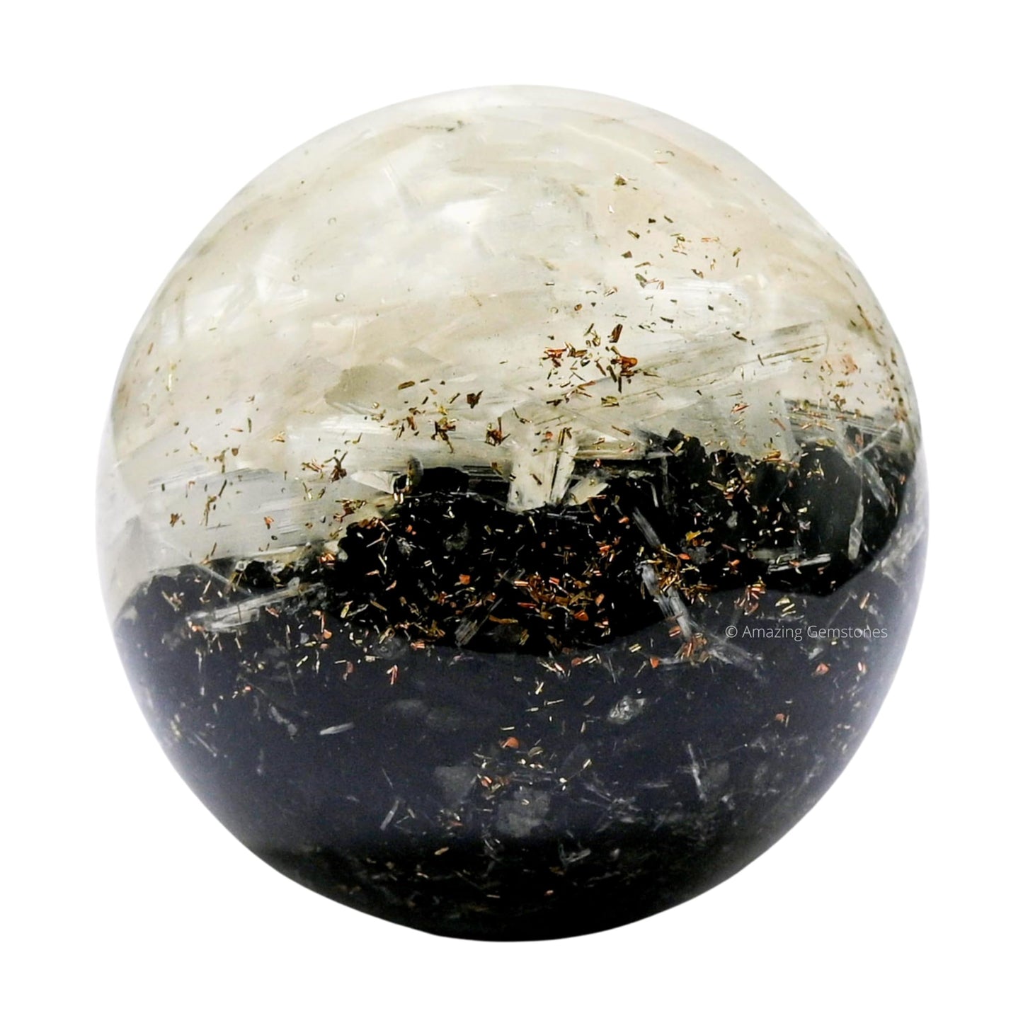Amazing Gemstone 2.5" Black Tourmaline Selenite Orgonite Orgone Crystal Sphere Ball with Stand - Meditation Crystal Ball for Witchcraft and Decorative Balls - Premium Gemstone Sphere Balls (Layered)