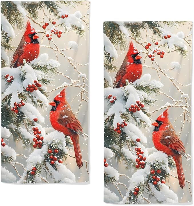 Red Birds Hand Towels Decorative Berry Branch Winter Kitchen Towels Soft