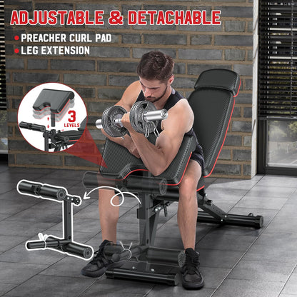 XDDIAS Workout Bench, Adjustable Weight Bench with Leg Extension and Leg Curl, Extended Headrest, 900LBS Preacher Curl Bench Incline Decline Flat Workout Bench for Home Gym Full Body Exercise