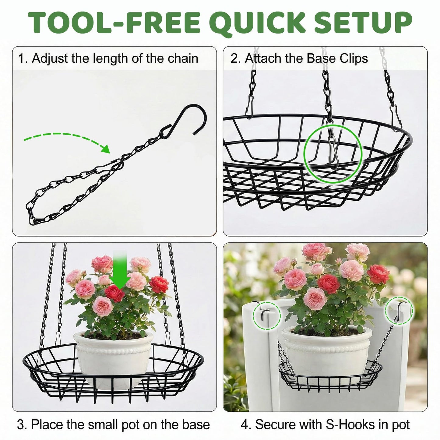 REDPOPO Adjustable Planter Insert for Large Pots 12-18 Inch, Stainless Steel Plant Riser with 4 S Hooks & Chains, Pot Filler for Tall Planters to Reduce Soil,Rust Proof Plant Pot Riser for Pots