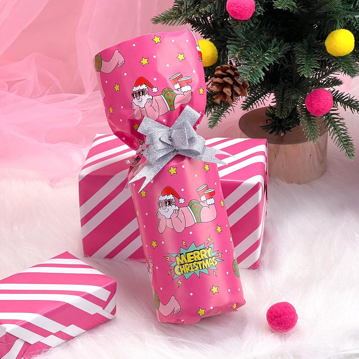 EWES Funny Christmas Wrapping Paper Pink Set Rolls Santa Claus For Kids Cute Reversible Cartoon Thick Gift Wrap Sheets Unique Heavy Duty Fun Total 28.5sq.ft