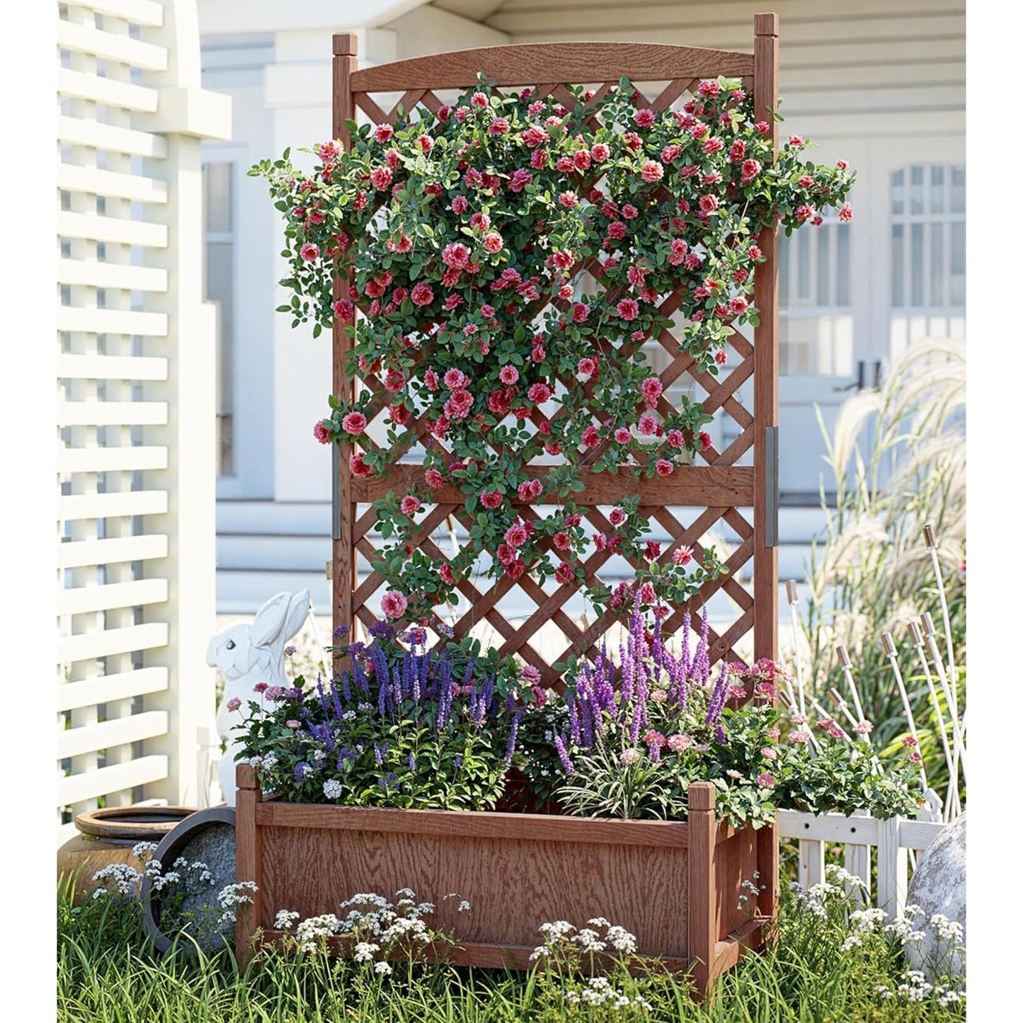 IDEALHOUS Large Raised Garden Bed with Trellis & Wheels, 61" Wooden Mobile Planter Box with Drainage Hole, Freestanding Vertical Planter for Outdoor Indoor Patio Lawn Herbs Flowers Vegetables, 2 Pack