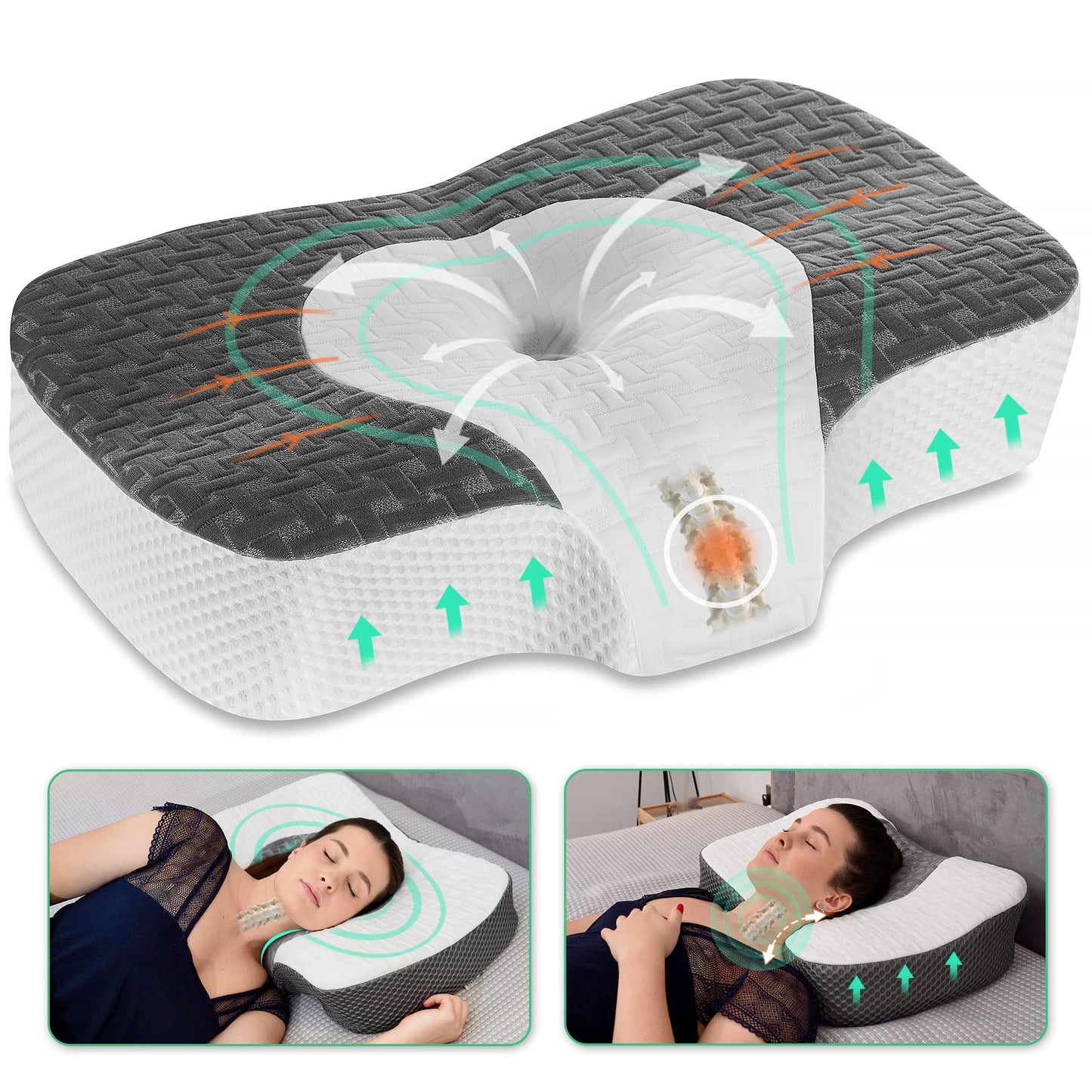 Elviros Cervical Memory Foam Neck Pillow for Side Sleeping, Orthopedic Pillows for Back and Stomach Sleepers, Adjustable Ergonomic Bed Pillow Pain Relief (Dark Grey)
