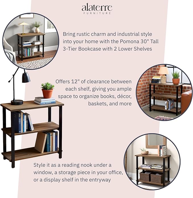 Alaterre Furniture Pomona Living Room 3-Tier Solid Wood Under-Window Bookshelf