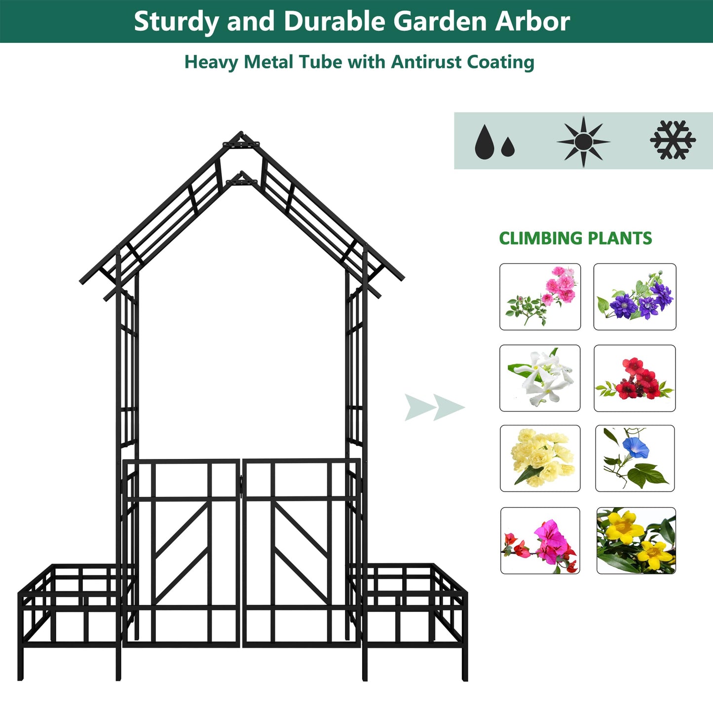 Metal Garden Arbor Arch with Gate and Plant Box, 97“ H Garden Trellis Wedding Arch Party Decoration for Outdoor Lawn Climbing Plants Support Roses Vines (Black Line)