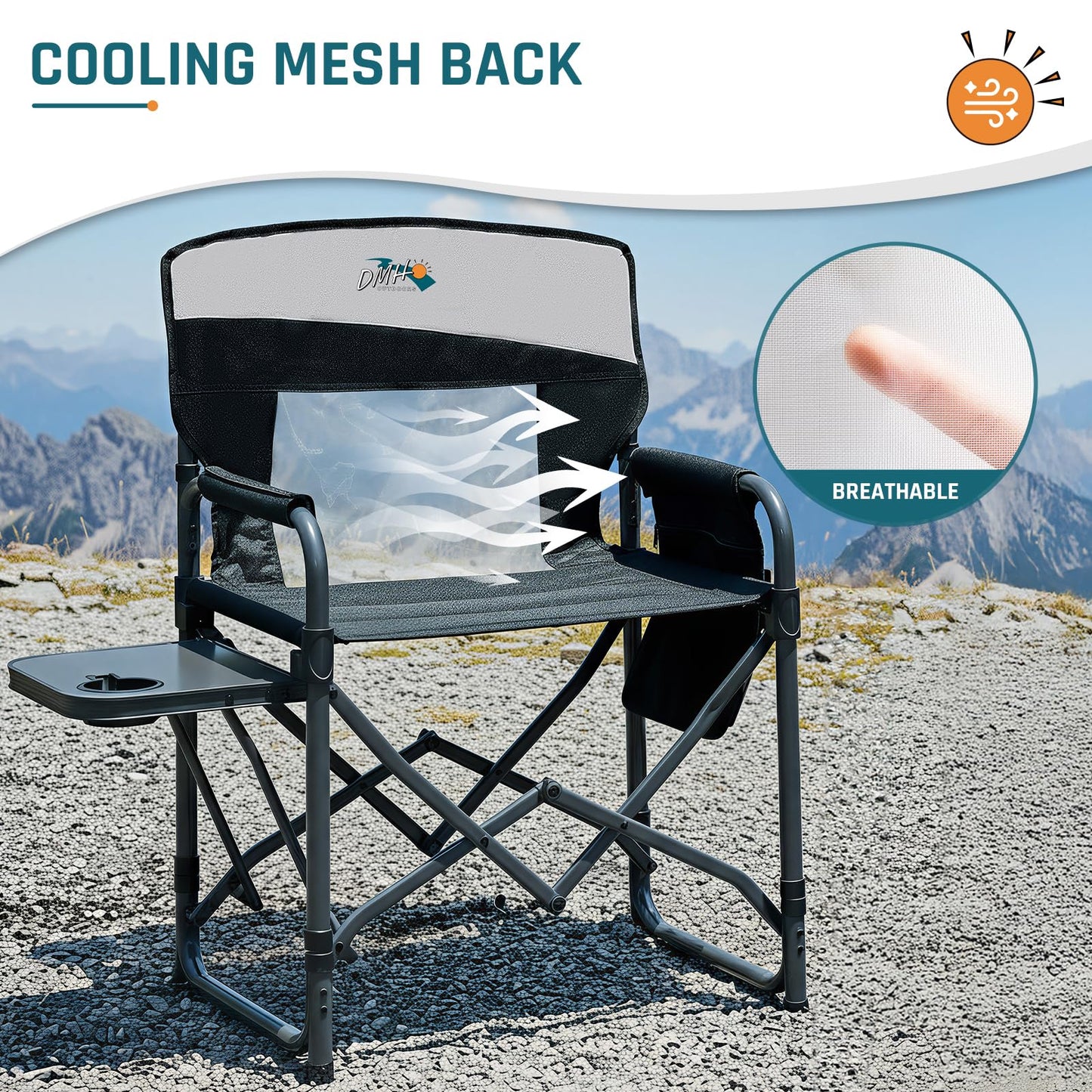 2 Pack Camping Chairs for Adults Directors Chair with Side Table, 1-Step Setup, Mesh Backrest Folding Lawn Chairs with Pocket, Foldable Camp Chair for Outdoor, Picnic, Sports and Fishing, Black