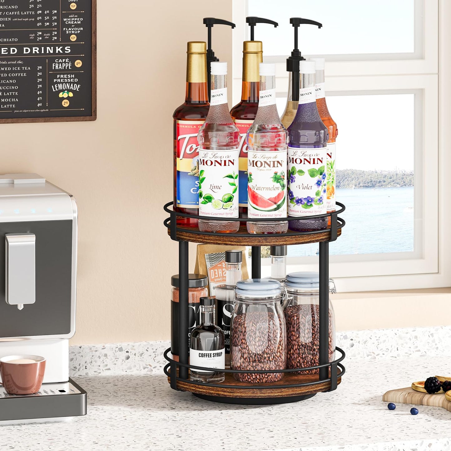 Snughome Rotating Spice Rack, 2 Tier Lazy Susan Organizer, Wood Kitchen Countertop Organizer, Brown Lazy Susan Turntable for Cabinet, 10.2" x 10.2" x 10.4"