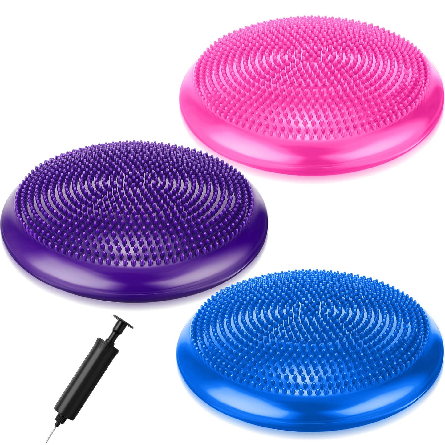 Leitee 3 Pcs Inflated Wobble Cushion Exercise Wiggle Seat for Sensory Flexible Seating Wobble Board Balance Disc Sensory Wiggle Seat Pad for Office Chair with Air Pump(Blue, Purple, Rose Red)