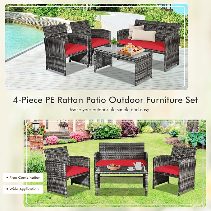 Goplus 4-Piece Rattan Patio Furniture Set, Outdoor Wicker Conversation Sofa